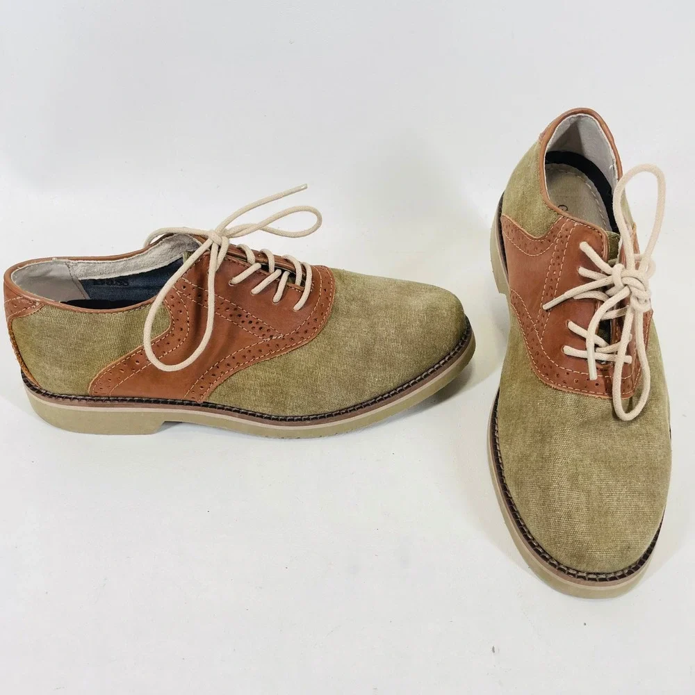 GH Bass Eli Mens 7.5 M Olive Canvas Brown Leather Saddle Oxford Shoes 0031-2554